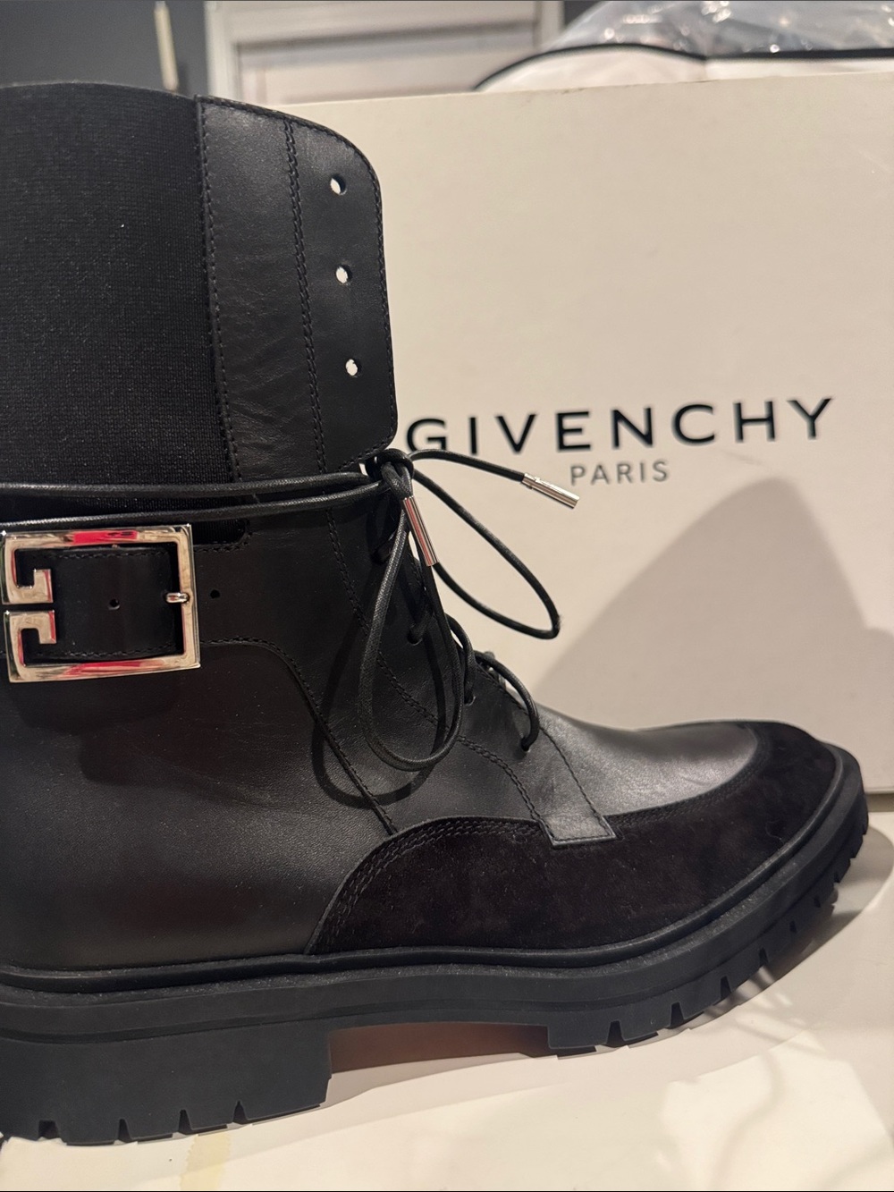 Givenchy Black Leather & Suede Men’s Combat Boot with Silver Buckle